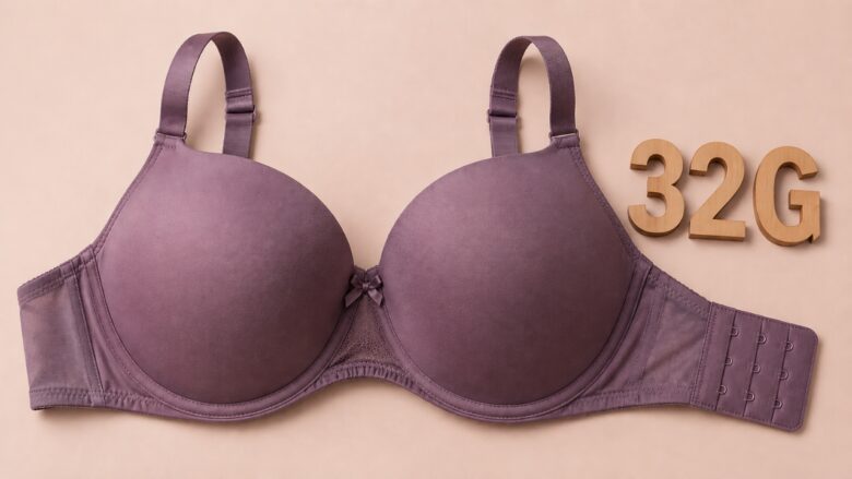 Purple 32G bra on a soft beige background with wooden size letters beside it