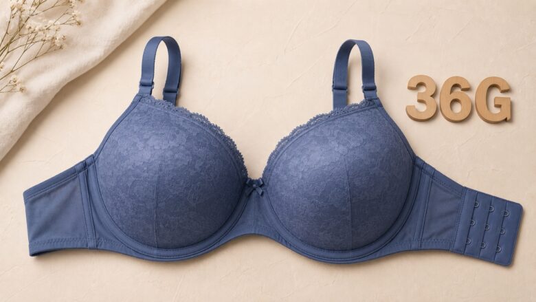 Blue 36G bra with wooden size letters on a light beige background