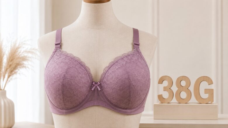 Mauve 38G bra on a mannequin with wooden size letters beside it