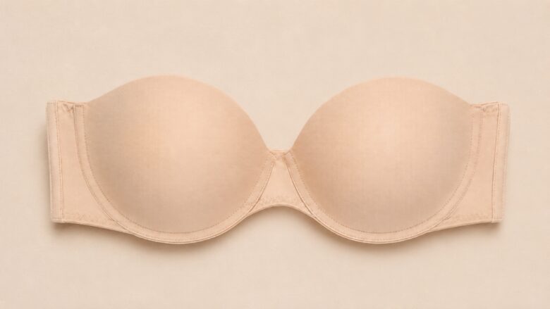 Strapless beige bra on a light beige background