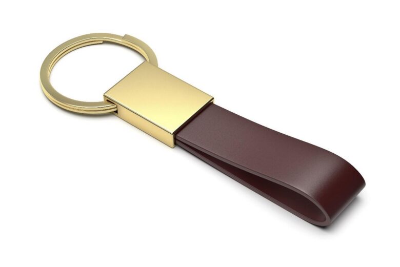 gold keychain with leather strap