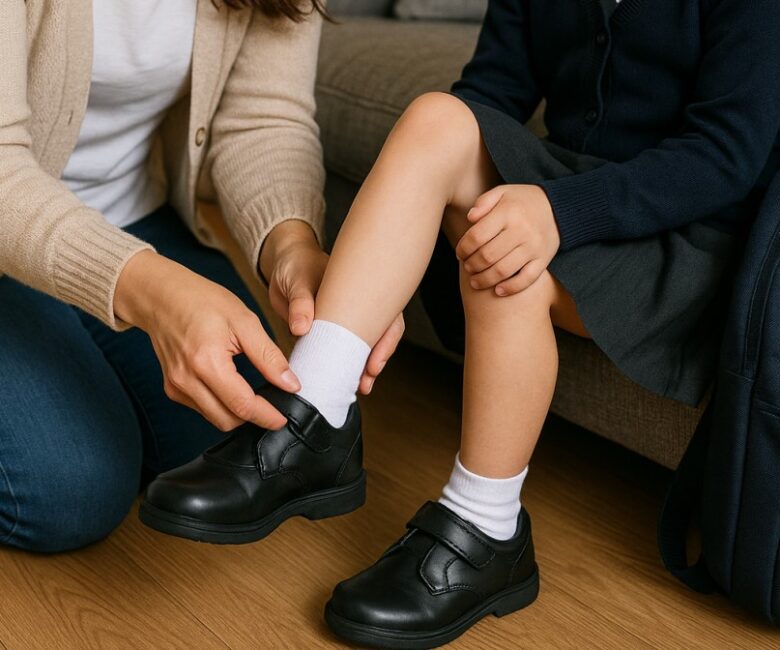The mother is putting her child's shoes on for school.
