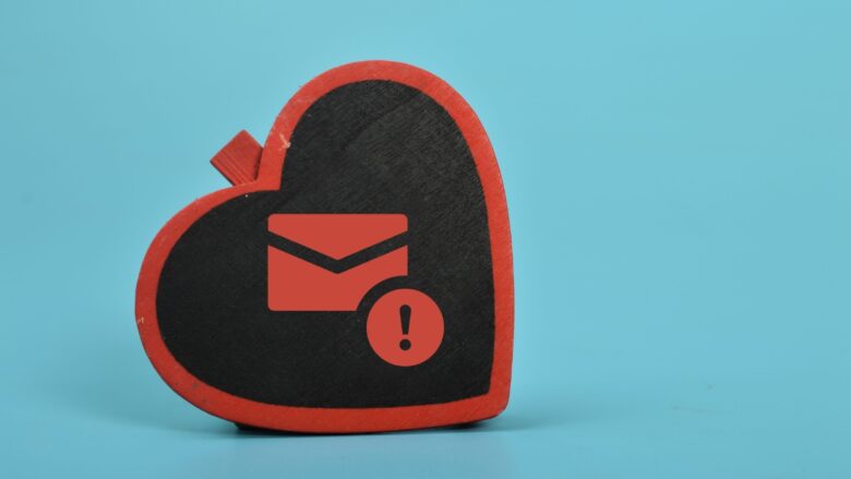 Dating red flags concept with a red alert icon on a heart against a blue background