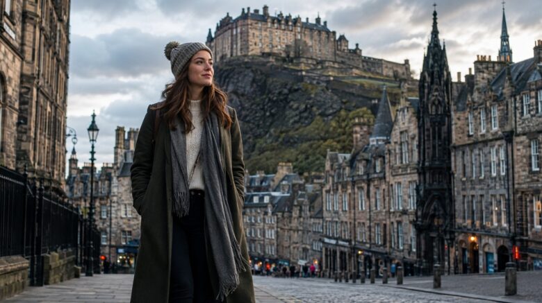 A woman traveling alone in Edinburgh, Scotland, standing on a historic stone street with Edinburgh Castle and the city’s old architecture in the background