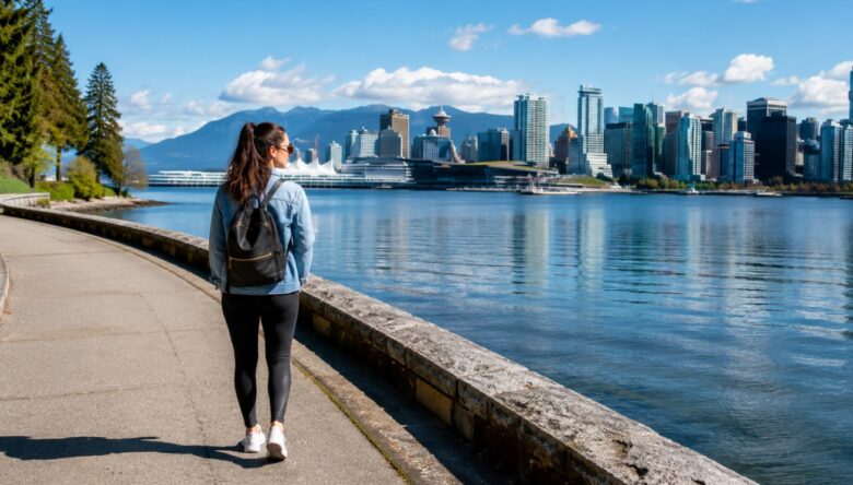 Solo female traveler walking along Vancouver’s waterfront promenade with the city skyline, harbor, and mountains in the background.
