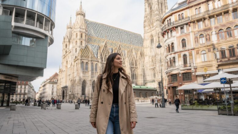 A woman sightseeing alone in Vienna, Austria, walking through a city square in front of St. Stephen’s Cathedral, surrounded by historic architecture and a lively urban atmosphere.