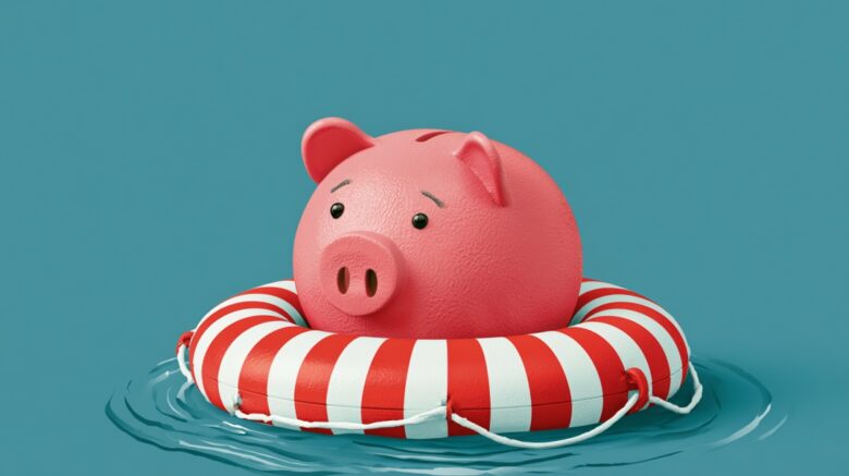 Illustration of a piggy bank floating in a lifebuoy, symbolizing emergency savings and financial protection
