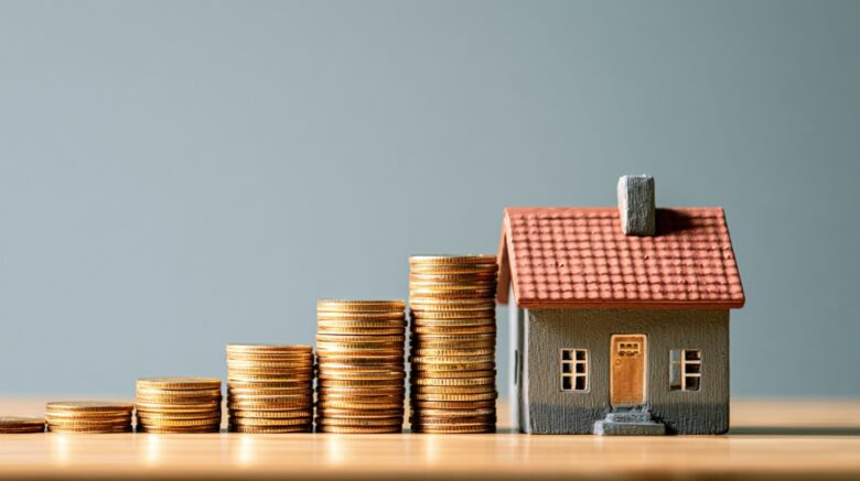 Model house beside stacks of coins, representing home affordability, savings, and responsible homeownership