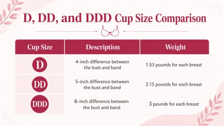 A chart compares D, DD, and DDD cup sizes with bust-to-band gap and breast weight