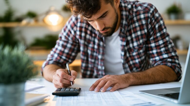 Person reviewing expenses with a calculator and financial documents while creating a household budget
