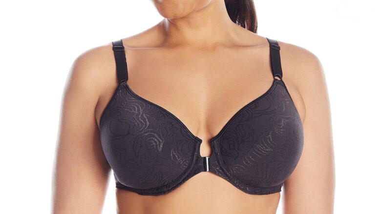 A model wears a black front-clasp bra against a white background