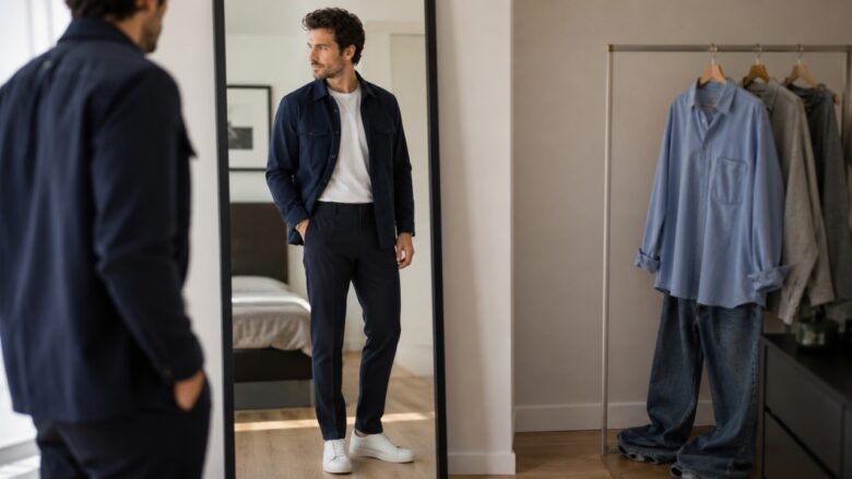 A man checks the fit of a navy overshirt and dark trousers in a bedroom mirror