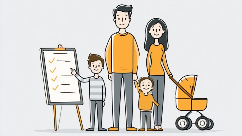 Illustration of a family standing beside a checklist and baby stroller, representing insurance planning and family financial protection