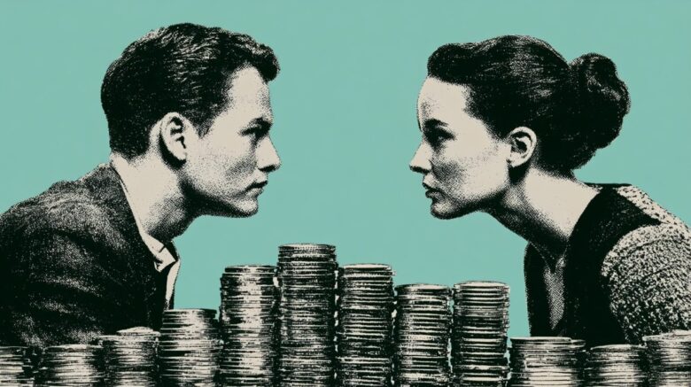 Illustration of a couple facing each other across stacks of coins, representing financial discussions and shared money decisions