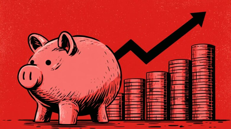 Illustration of a piggy bank beside growing stacks of coins and an upward arrow, symbolizing investing and long-term wealth growth
