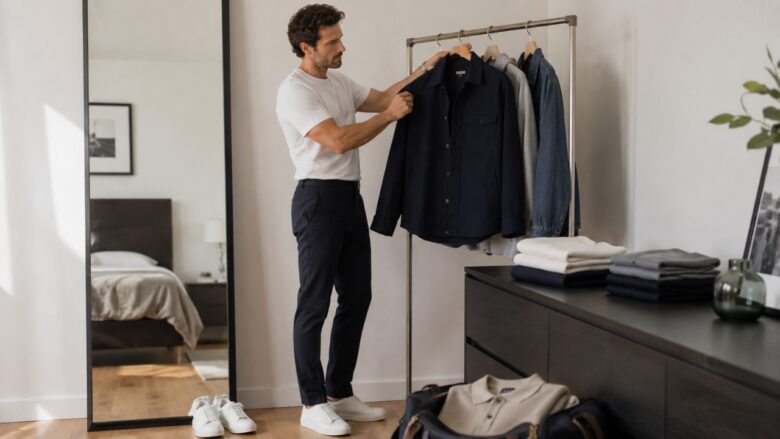 A man arranges a navy overshirt on a clothes rack in a tidy bedroom