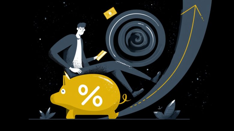 Illustration of a person riding a piggy bank marked with a percentage symbol, representing efforts to reduce high-interest debt