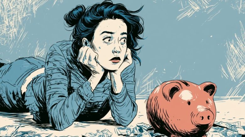 Illustration of a worried woman looking at a piggy bank, symbolizing financial planning for future life events and expenses