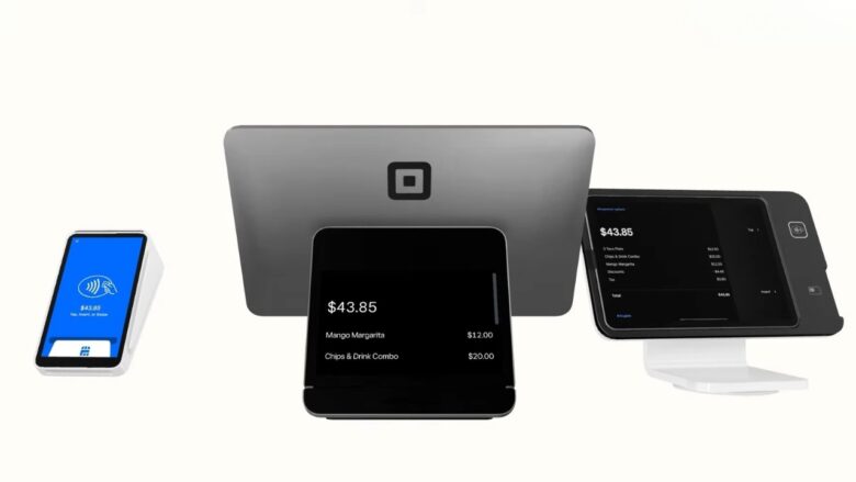Square POS terminal and card reader on a white background