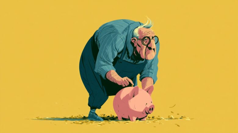 Illustration of an older man placing coins into a piggy bank, symbolizing retirement savings and long-term financial planning