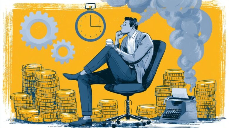 Illustration of a professional surrounded by stacks of coins, a clock, and gears, symbolizing career growth, compensation, and long-term financial planning