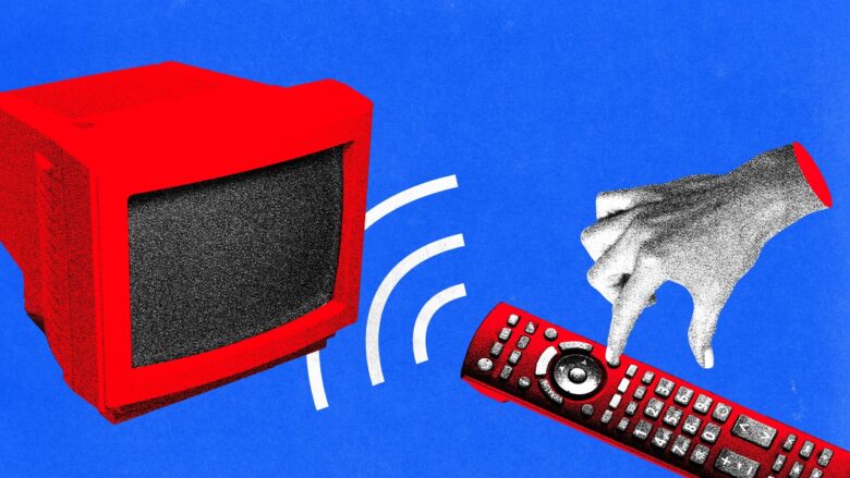 A hand presses a red remote near a red TV on a blue background