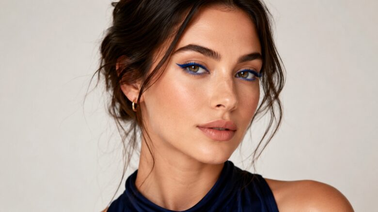 Woman with bold cobalt blue eyeliner and soft neutral makeup