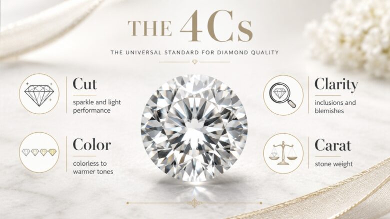 A diamond infographic explains cut, color, clarity, and carat around a large round stone