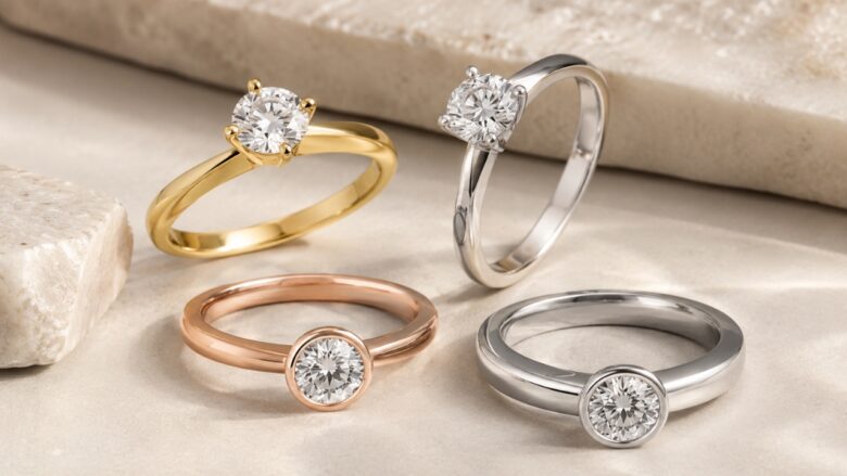 Four diamond engagement rings display yellow gold, white gold, rose gold, and platinum finishes