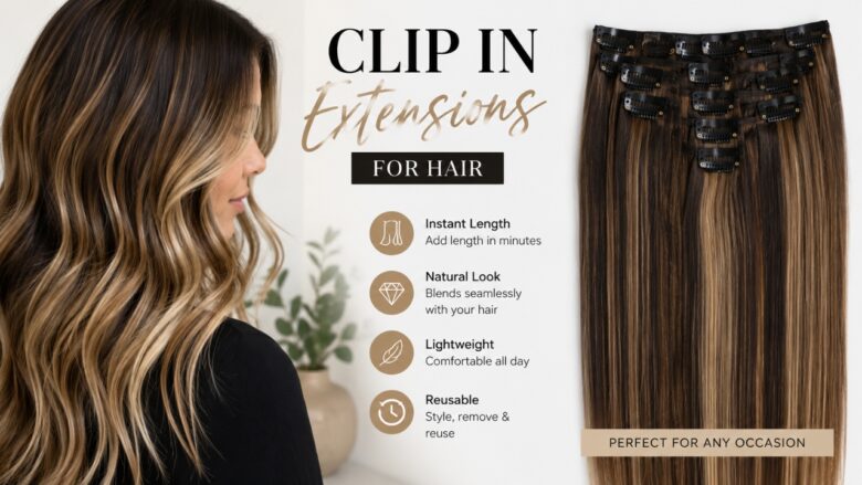 Clip-in hair extensions beside a woman with long, wavy hair