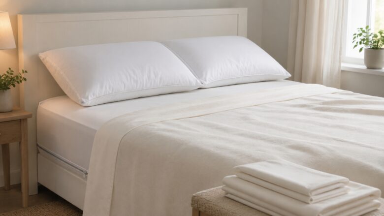 A clean bed has white allergen-proof covers and neatly folded spare sheets