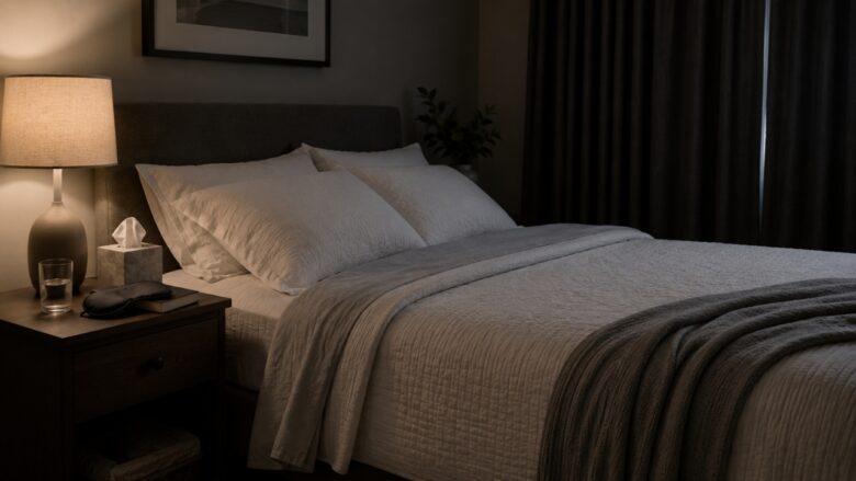 A cool, dark bedroom has layered sheets, raised pillows, blackout curtains, and bedside essentials