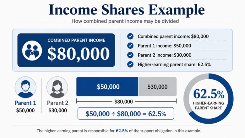 Child support income shares example with $80,000 combined income and a 62.5% parent share