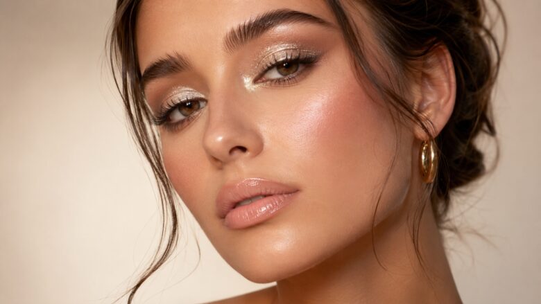 Woman with metallic eyeshadow and subtle chrome accents near the inner corners
