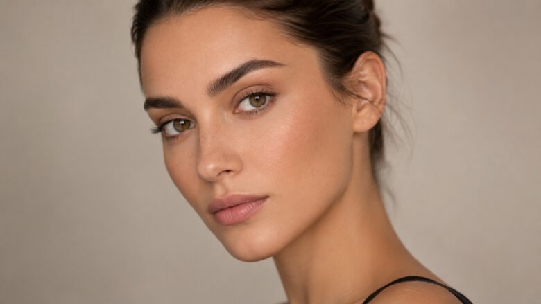 Woman with soft matte makeup, natural skin texture, and a smooth, even complexion