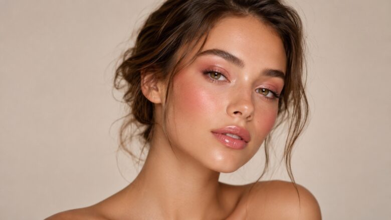 Woman with soft rose makeup across her eyes, cheeks, and lips