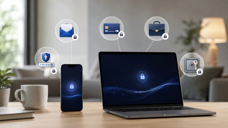 A smartphone and laptop display lock icons beside symbols for protected email, finance, work, and account access