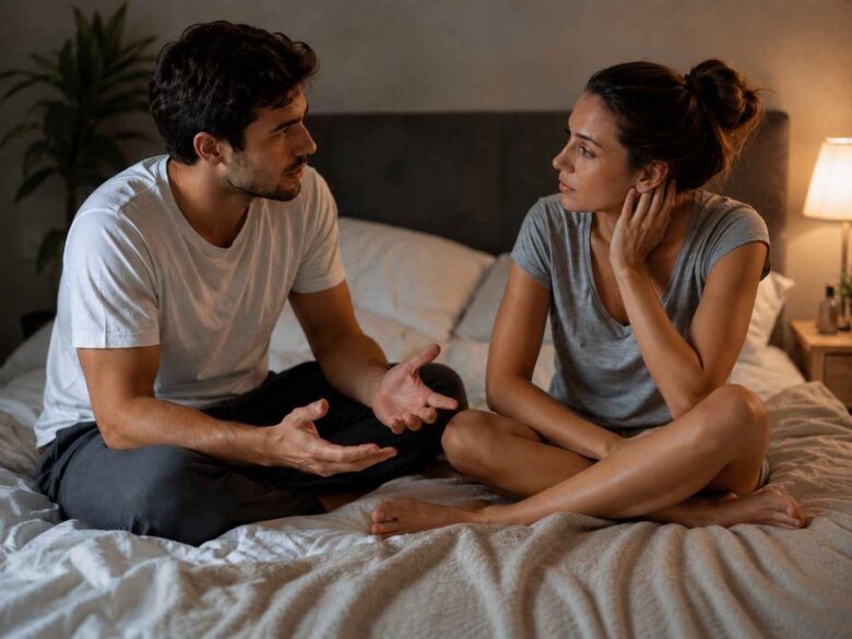 Man and woman sitting on a bed and having a serious conversation in a bedroom.