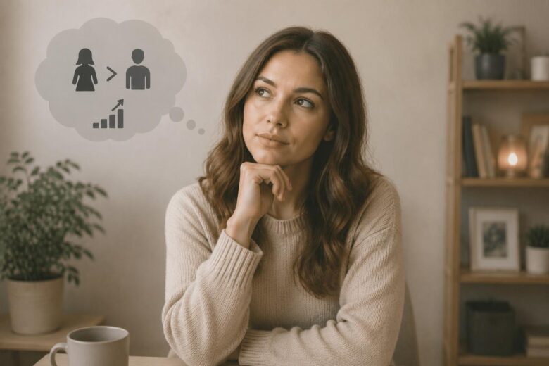 Thoughtful woman considering relationship expectations and partner history.