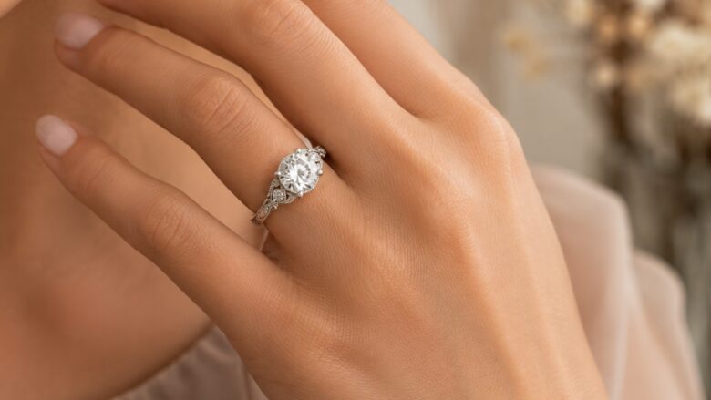 A woman wears an ornate vintage-inspired diamond engagement ring with detailed metalwork