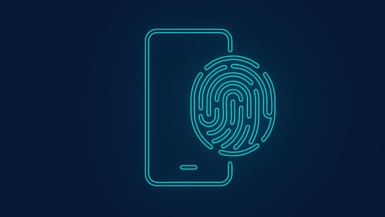 A smartphone outline appears beside a bright fingerprint icon