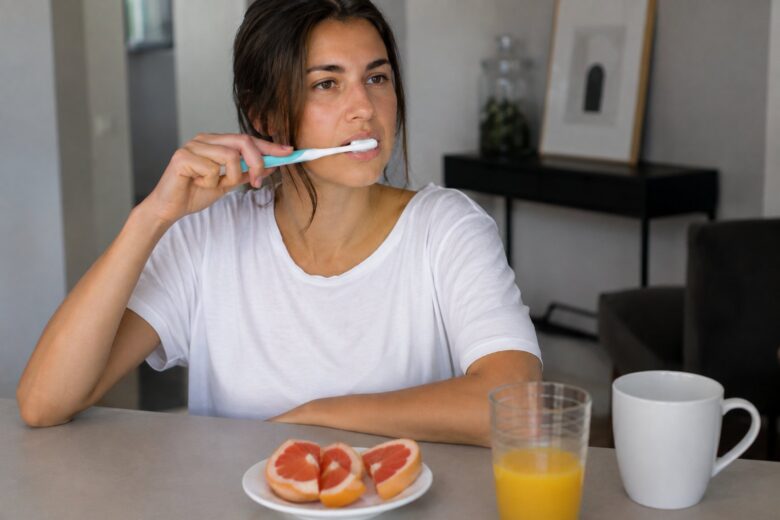 Woman brushing her teeth after having citrus fruit and juice.
