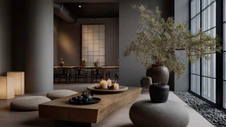 Minimalist luxury interior with natural wood, candles, soft cushions, and a large indoor tree