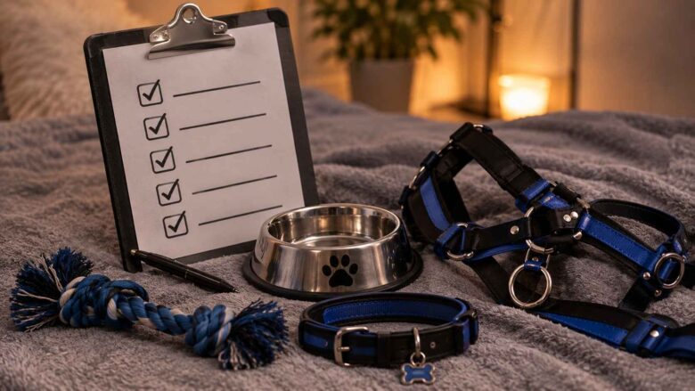 Pet play collar, harness, rope toy, bowl, and checklist arranged on a blanket.