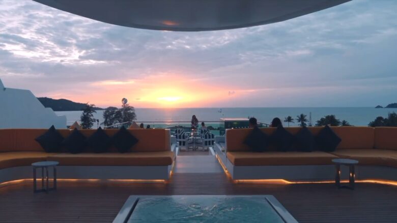 Rooftop lounge in Phuket with ocean views at sunset