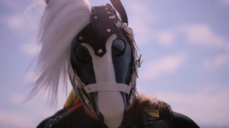 Adult wearing a horse-inspired pony play mask with a white mane.