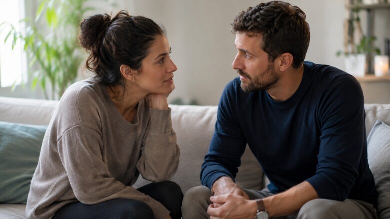 Adult couple having a calm and honest conversation about personal desires at home