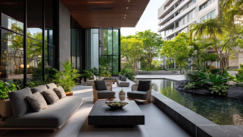 Luxury apartment terrace with modern furniture, lush plants, and a reflective pool