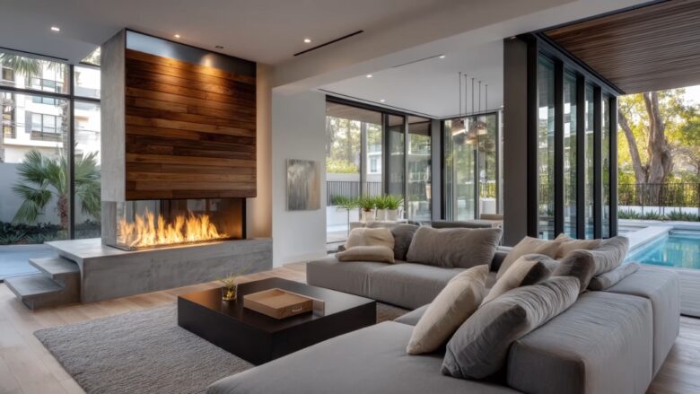 Modern luxury lounge with a fireplace, large windows, and a pool view