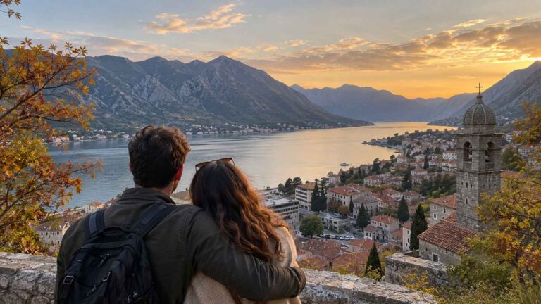 Couple overlooks the Bay of Kotor and its coastal villages at sunset in autumn.